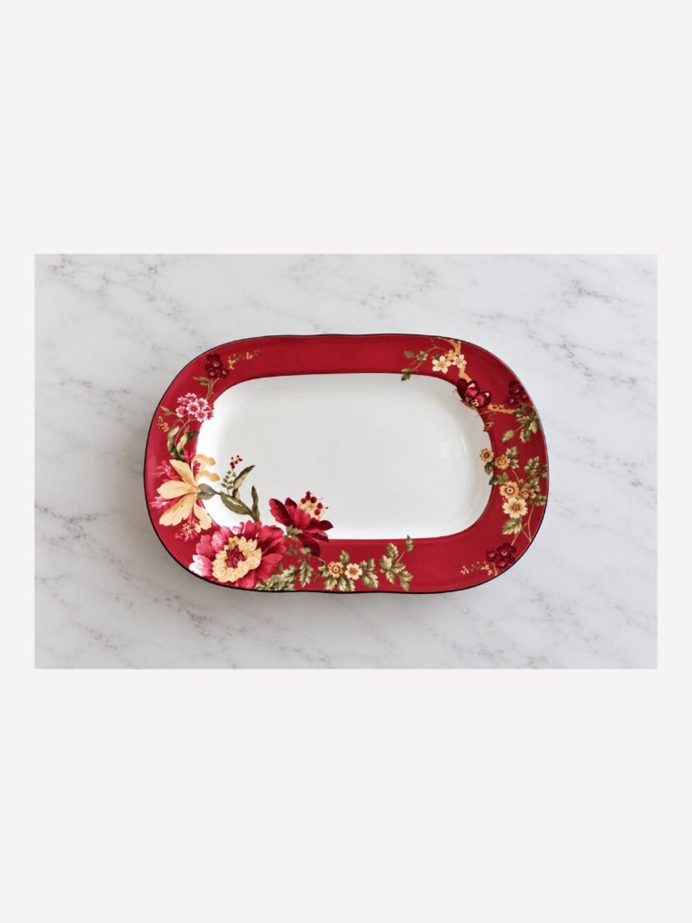 14" Oval Serving Platter Summer Botanical Lutece Fleur Rouge